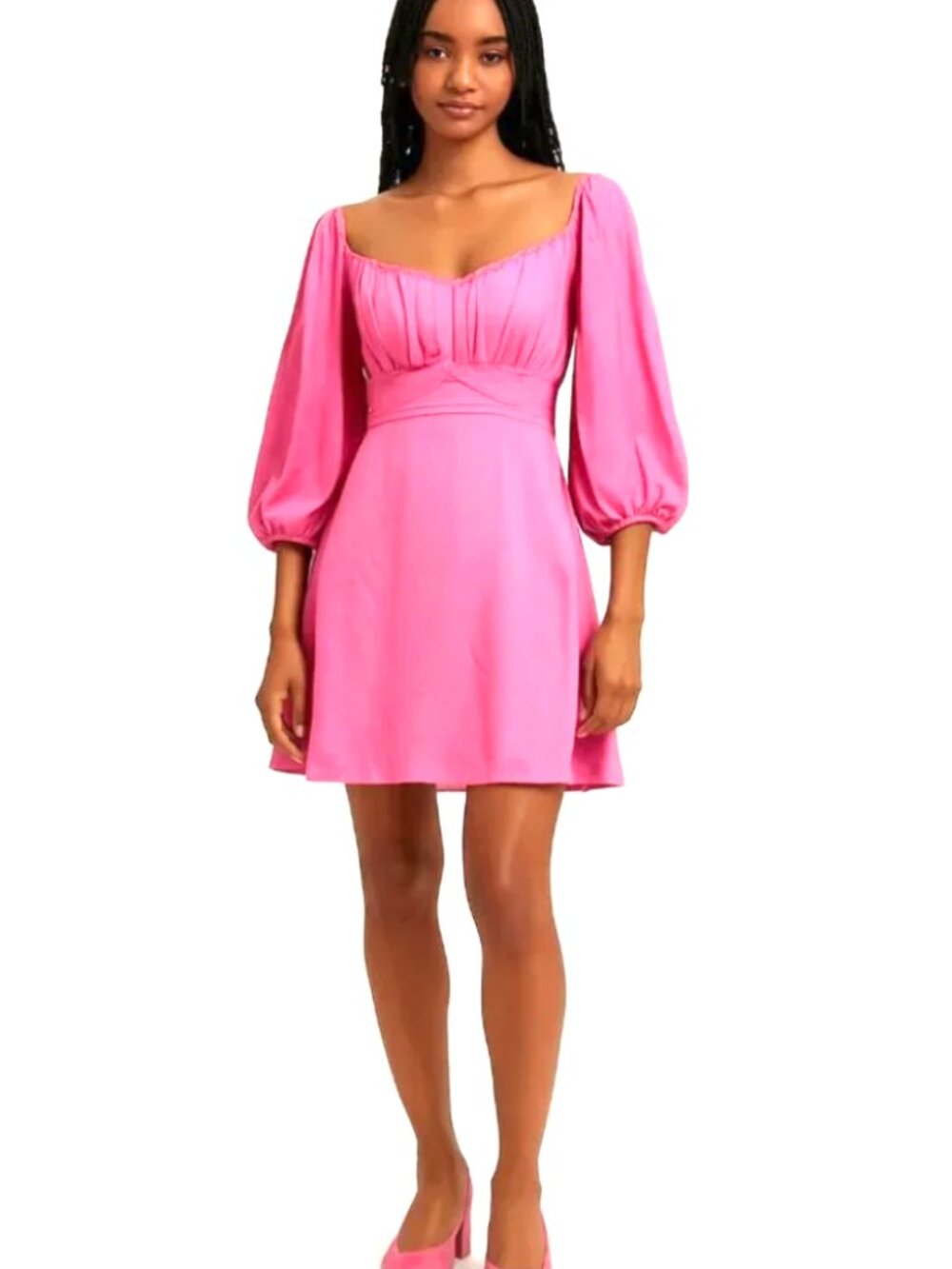 Double Crazy Hot Pink Puffed Sleeve Ruched Waist Satin Mini Dress - Size Small